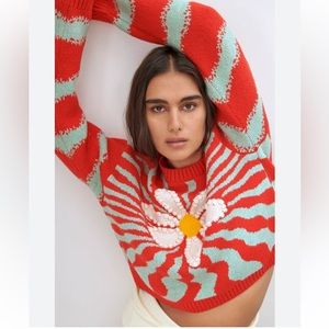 Zara Jacquard Knit Sunflower Flower Sweater XS